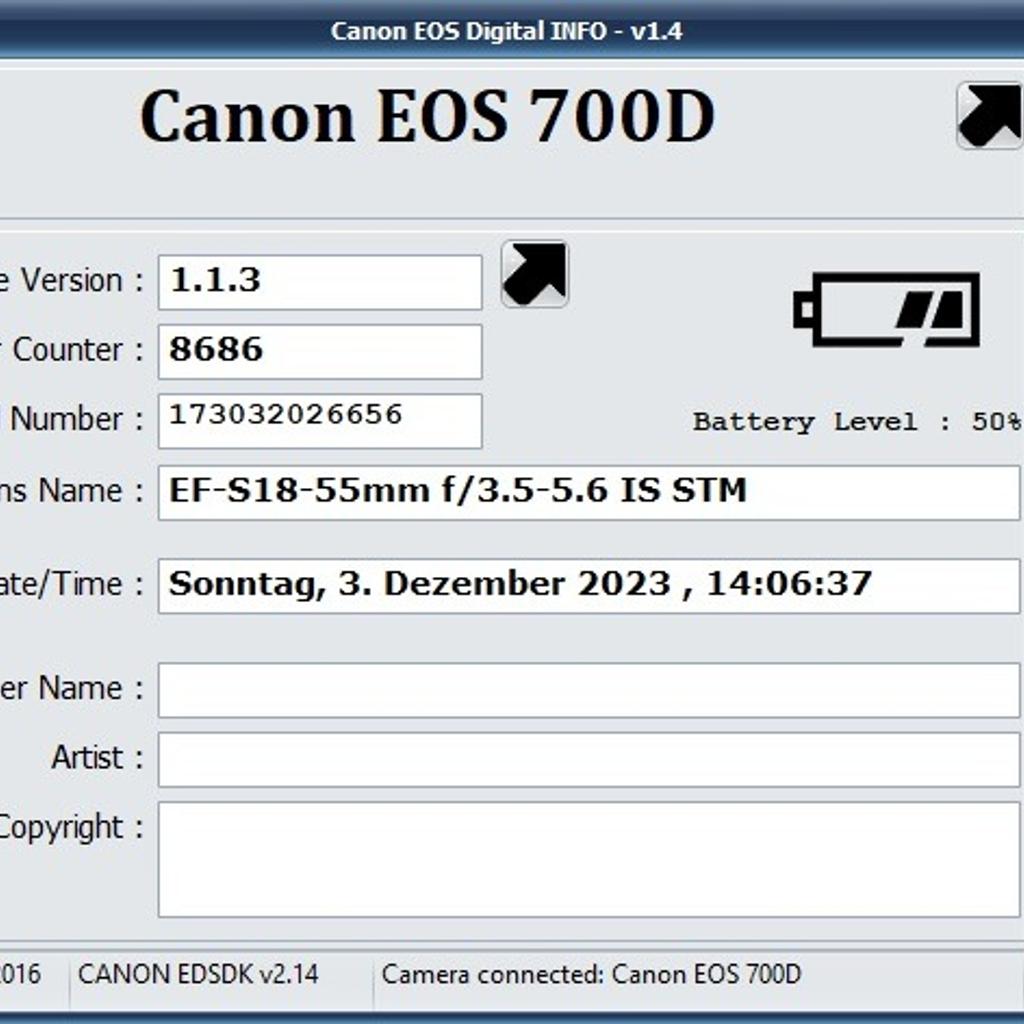 Verkaufe meine Canon EOS 700D. Diese wurde nur als Nebenhobby benutzt und hat wie im zweiten Bild zu sehen 8686 Auslösungen. Die Kamera befindet sich in einem sehr guten Zustand, lediglich das Kit-Objektiv hat vorne am Kunststoff eine Macke, funktioniert aber ohne Probleme und Einschränkungen. Von Tag eins auf war auf dem Display eine Schutzfolie.

Die Kamera kommt mit folgendem Zubehör:
- Canon EOS 700D Body
- 1 x Canon Akku mit RavPower Ladegerät für 2 Akkus
- Canon 18-55mm Kit-Objektiv
- Canon EF-S 10-18mm 1:4.5-5.6 IS STM Weitwinkelobjektiv
- Canon EF 50mm 1:1.8 II Portrait-Objektiv
- Canon Speedlite 430EX II Blitz
- Pixel Funk Timer-Fernauslöse ideal für Langzeitbelichtung
- 26-30-37-43-52-55-62-67-72-77-82mm Stepupringe
- ND-Filter
- SanDisk ExtremePro 32GB SD-Karte

Verkauf nur an Selbstabholer!

Der Verkauf erfolgt unter Ausschluss der Gewährleistung.
