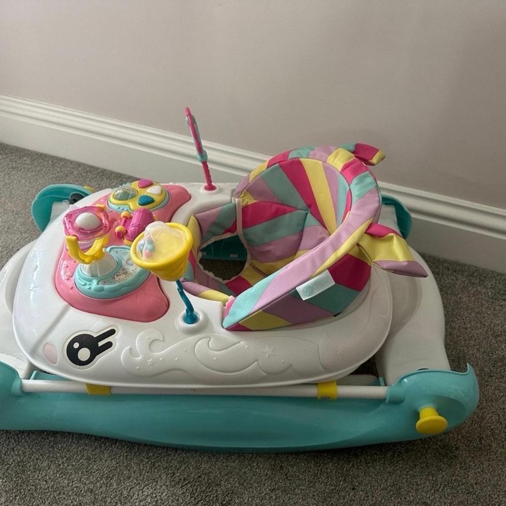 Used in good condition. Normal retail price £89.99. Collection only EN4 area. Comes from a pet free home.

Your Little One Can Enjoy A Magical Ride On This My Child Unicorn 2-In-1 Walker & Rocker.
Packed with enchanting activities for your baby to explore, the My Child Unicorn Walker includes a captivating colour-changing unicorn horn, peek-a-boo treasure chest, star filled rattles and spinners plus mystic melodies.

It features a soft padded seat and anti-tip pads, along with 3 different height positions. It can also be converted from rocker to walker easily, to suit your little one. Once playtime is over, the walker folds flat for convenient storage.

Suitable from approx. 6-24 months.

Collection only from EN4 area