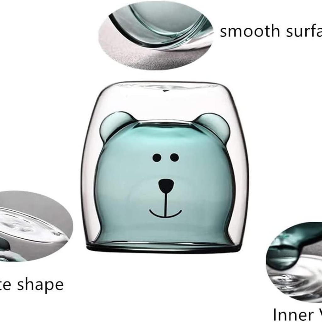 Special Material:Those cute glass coffee mugs are made from handmade borosilicate glass, which is heat and cold condensation resistant and much durable and fall-resistant than conventional glasses.Heat resistance is around 150 degrees.
Novelty Design:This turquoise green cute bear coffee cup in double-wall Insulated glasses and each mug boasting with a cute bear.No matter hot or cold drinking you want to hold, your hands will be comfortable without any worries.
Multifunctional Used:Can be used for coffee mug,Espresso cups,milk cups, tea smoothie and juice cup and so on.
Wonderful Gift Choice: This cute bear glasses coffee cup will be a good gift for birthday, Christmas, Valentine's Day, Happy Mothers' Day, Graduation Ceremony for boys or girls.Double Wall Bear Mug Cup This cute bear mugs size is 6.5*8*9cm with capacity 250ML/8.9OZ.
Not applicable to any heating device such as microwave oven, oven,gas stove, electric cooker ect