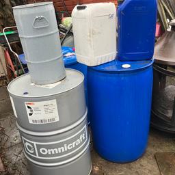 25 litre containers. £4 each
30 litre steel drums with handles £7 each
210 litre  blue plastic drums £16 each
200 litre steel burning or project drums £20
Can deliver for fuel