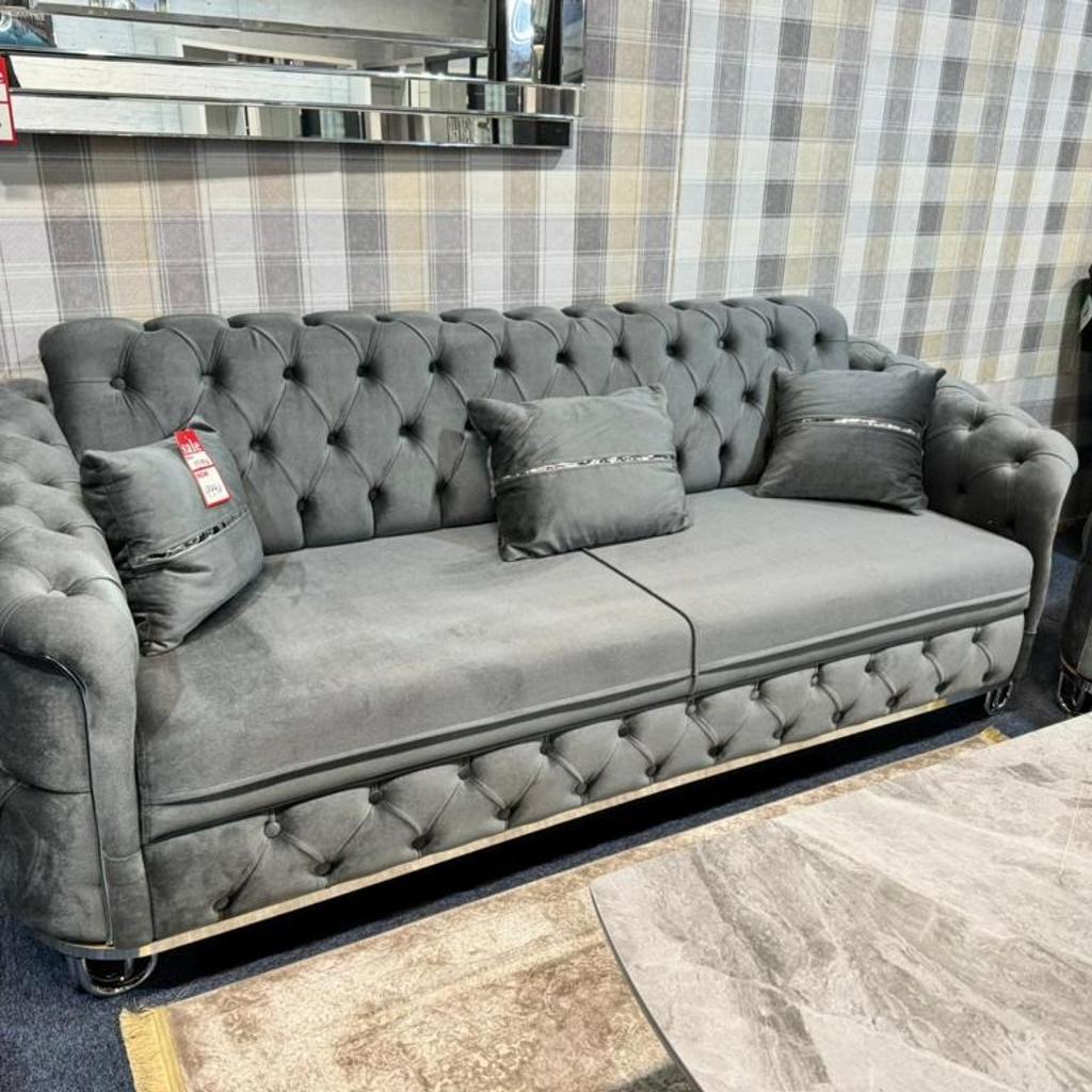 Madrid Sofa* ✨
Brand New turkish chesterfield design Sofa features thick seating with high-density foam wrapped up with fibre for extra comfort. ... Its Best Quality back cushions are filled
with silicone fibre to enhance its comfort. Premium quality fabric material and a strong wooden frame to makes it durable and luxurious.

Corner :
Length: 230 cm by 230cm
Width: 85 cm
Height: 95 cm

3 Seater :
Lenght: 210 cm
Width: 85 cm
Height: 95 cm

2 Seater:
Lenght: 165 cm
Width: 85 cm
Height: 95 cm
👇👇👇
For All details
07745816778 WhatsApp only