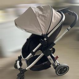 This pram adjusts to a lying down crib like pram from newborns- to a seat like position for toddlers which faces yourself or can turn to face outwards too. Hood has adjustable lenth, great for the different positions of the pram, and has a peep flap to see your child. Has a large basket underneath. Can lie all the way down, or anywhere in between to suit. Easy to adjust while using the pram. There’s a small rip and a tiny whole on the opposite side, in the foam of the handle of the pram which I’ve taped, but doesn’t affect the use at all. Over all in good condition and a great travel system. Comes with,footmuff and liner for crib.

Collection only- Birmingham B11