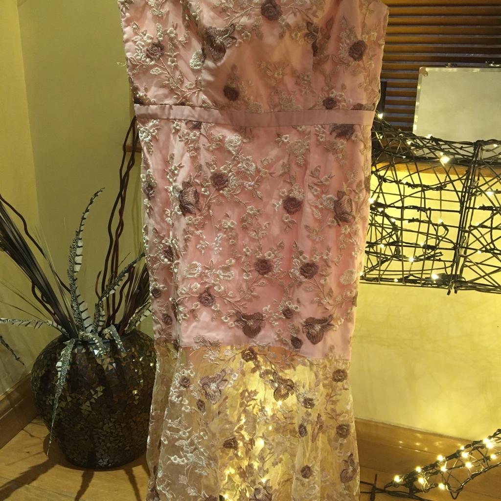 Chichi of London pink lace dress with see through fishtail bottom size 16