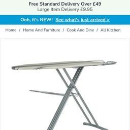 brand new extra large still has tags and never used. purchased for £65 and is out of stock on Dunelm so its a bargain at £30. very very sturdy and safe around kids as doesn't wobble. Has a big surface to iron on and a folding rack and wire holder.