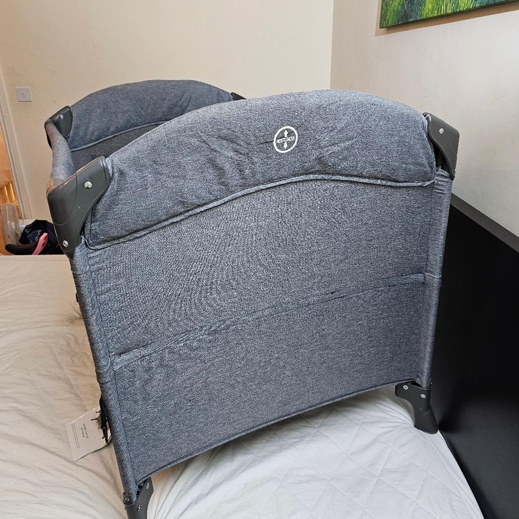 Brand new Baby Elegance Bedside Travel Cot is a 2-in-1 baby cot and bedside crib. These travel cots are suitable from birth up to 15kg, so it’s just right for travelling with your little one.
The Baby Elegance Bedside Travel Cot is lightweight and easy to set up. 2 wheels allow easy mobility, even once the cot has been set up. For a co-sleeping bedside crib, simply drop the side of the baby cot and connect the safety strap under your mattress.
Bassinet
The removable bassinet makes the Baby Elegance Bedside Travel Cot just right for younger babies, giving you easy and comfortable access to your little one.
Packs Away Easily
A compact fold packs up the Baby Elegance Bedside Travel Cots in a flash, while the carry bag makes them easy to bring along for nights away from home.
Breathable Mesh Sides
This travel cot features four mesh sides, to ensure optimal air circulation and safe sleeping.