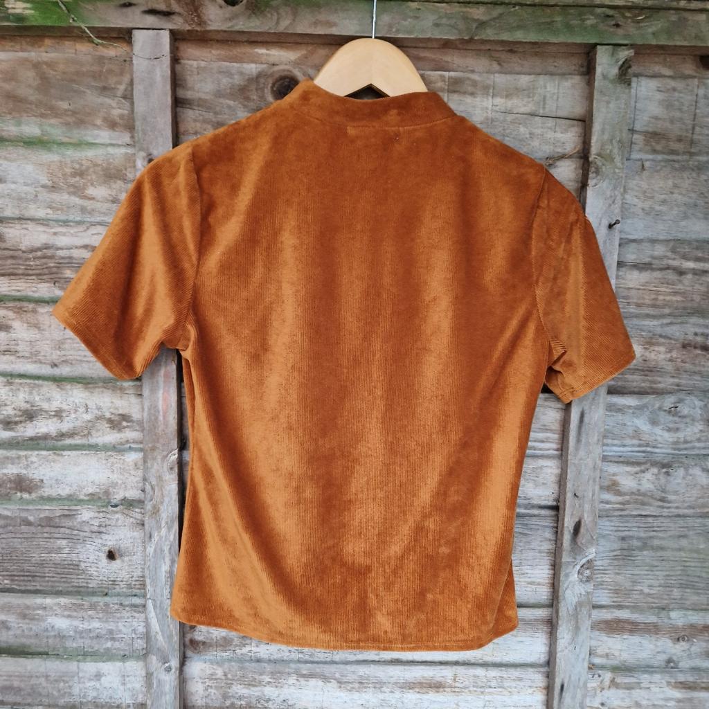 Forever 21 size large top. Rusty brown velvet needlepoint cord. Stretchy. Short sleeves. Turtle neck.
Chest measures 36"
Length 21.5"