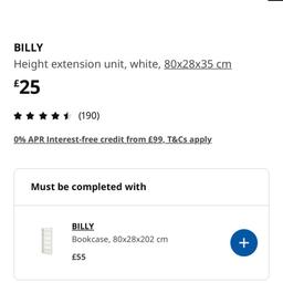 Billy height extension unit white 
80x28x35

IKEA bookshelf extension that gives it extra shelf on top description can be checked on ikea website
Brand new still in packaging. 
 Collection from b36