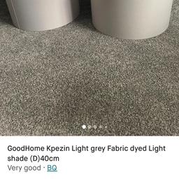 PLEASE SEE BELOW REGARDING DELIVERY 

2 x B&Q light shades in excellent condition- The simple Kpezin light shade has a plain, rounded design and is ideal for adding the finishing touch to a room.
 
I have the other spacer not photographed in these photos so both lampshades come with spacers! 
Assembly not required
Product shape	Circular
Colour	Light grey
Design	Fabric dyed
Light colour Grey
Product height	230mm
Product diameter	400mm
Product weight 420g
Material Fabric
Model name/number	81490-40GY
Product code	5059340019604

RRP £18 each 

Collection only or local hand delivery due to size and fragility

#lampshade #homedecor #home #accessories