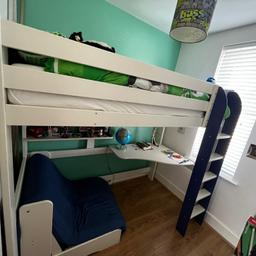 4 Years old and in very good condition. White (frame, desk and shelves) & Blue (end panels, ladder and futon chair bed)
Bed Size (White and Blue): Standard Single (196cm Long x 98cm Wide)
Only collection please.