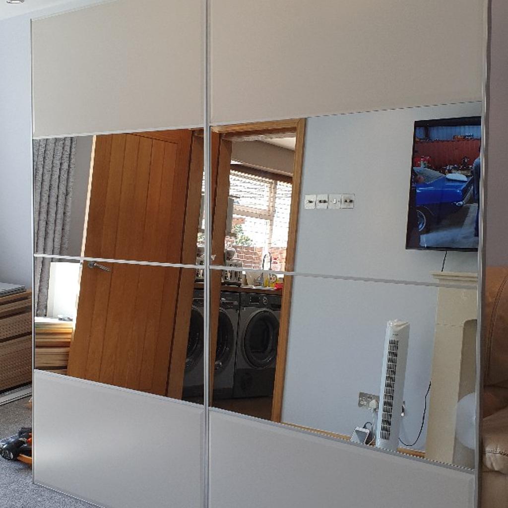 2x wardrobes each 75cm wide
201cm high 150cm width and 58cm depth
when assembled together white in colour
white gloss glass and mirror panels fitted with NEW soft close device for sliding doors
internal specifications as listed
2x 75cm soft close draws
2x 75cm pull out baskets
2x 75cm shelves
2x 75cm clothes rail
all instructions manual available and parts to assemble
WARDROBE NOT PREVIOUSLY ASSEMBLED suggested layout last picture
45