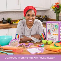 Developed in partnership with 'The Great British Bake Off' winner Nadiya Hussain, this bakeware has been specially made for children. Featuring 6 of Nadiya's favourite recipes, kids can grow in confidence, develop their motor neurone skills, and improve concentration as they start to see their creations come to life

 Following recipes also helps with everything from reading and maths to weights and measures - useful skills in and out of the kitchen. This deluxe kit has a whole host of baking essentials to get them started and progressing to even more complex recipes

 Complete set: including silicone rolling pin with plastic handle, silicone whisk with metal handle, silicone spatula, 2.5l mixing bowl (microwave safe), 12 reusable silicone cupcake cases, sieve, 3 metal cookie cutters with safe silicone edge, measuring spoons (¼ tsp, ½ tsp, 1 tsp, ½ tbsp, 1 tbsp) apron and 6 recipe cards Suitable for ages 4+
