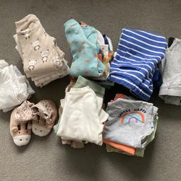 I have a selection of boys clothes from 9 months to 3 years. I could not add all the pictures I made but I’m happy to send

9-12 months 
• cardigan with zip
• squared shirt
• green trousers
• 3 long sleeve tops

12-18 months
• 7 long sleeve panda theme bodysuit (one new)
• 4 Disney character theme long sleeve tops
• 4 joggers
• 4 brown happy today long sleeve pyjamas
• 2 (blue and beige with lion print) hoodies
• 1 blue sweatshirt

18-24 months
• 7 long sleeve bodysuits (1 new)
• long sleeve polo shirt (dark blue is new)
• short sleeve bodysuits (top 3 has stains, the white one at the front is new)
• 5 pairs of trousers (dark blue has stains on the right leg)
• 4 leggings like new
• 5 summer shirts
• 3 shorts

2-3 years
• long sleeve bodysuits (yellow one has stains, one of the dark blue ones at the front is new)

Socks - I can’t remember what size they are but it should be for around 9-18 months depending on the feet length

Giraffe print fleece slippers are possibly for 12-18 months