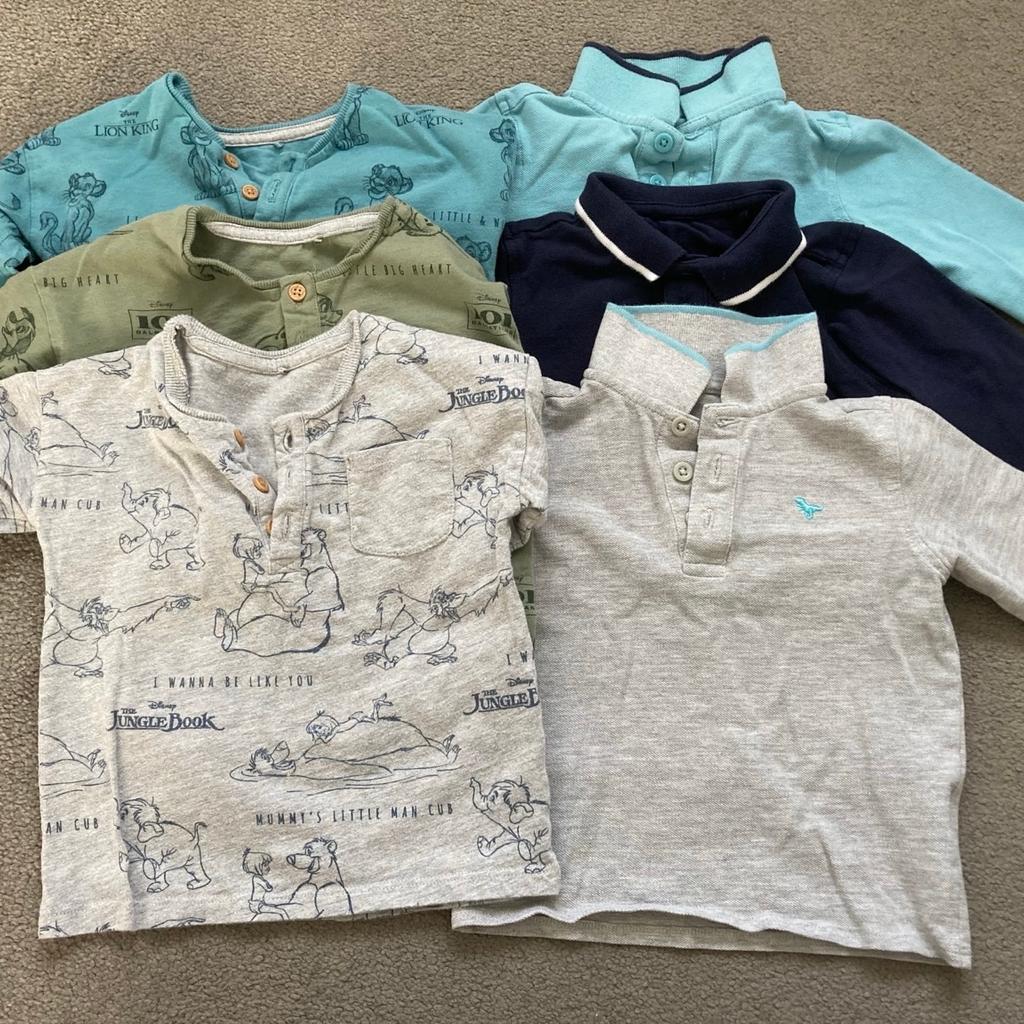 I have a selection of boys clothes from 9 months to 3 years. I could not add all the pictures I made but I’m happy to send

9-12 months
• cardigan with zip
• squared shirt
• green trousers
• 3 long sleeve tops

12-18 months
• 7 long sleeve panda theme bodysuit (one new)
• 4 Disney character theme long sleeve tops
• 4 joggers
• 4 brown happy today long sleeve pyjamas
• 2 (blue and beige with lion print) hoodies
• 1 blue sweatshirt

18-24 months
• 7 long sleeve bodysuits (1 new)
• long sleeve polo shirt (dark blue is new)
• short sleeve bodysuits (top 3 has stains, the white one at the front is new)
• 5 pairs of trousers (dark blue has stains on the right leg)
• 4 leggings like new
• 5 summer shirts
• 3 shorts

2-3 years
• long sleeve bodysuits (yellow one has stains, one of the dark blue ones at the front is new)

Socks - I can’t remember what size they are but it should be for around 9-18 months depending on the feet length

Giraffe print fleece slippers are possibly for 12-18 months