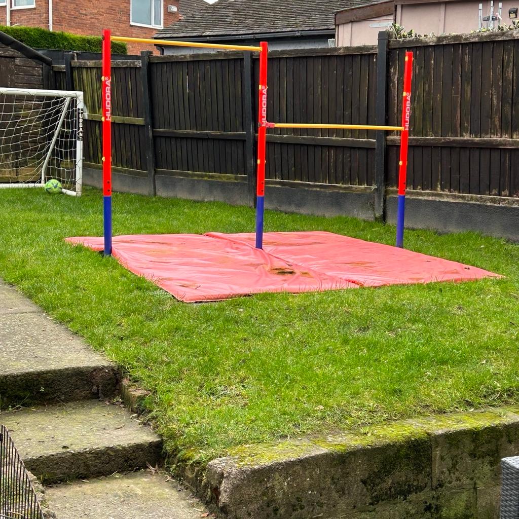 Bought these bars for my daughter who does gymnastics. You can move the bars to be what level higher or lower you want. They are cemented into the ground so they are safe, my dad can take them out the ground but leave them cemented so all you have to do is re dig them into the grass. Can have the mats from underneath too, they are just wet and dirty from the rain but will clean up. Thanks
