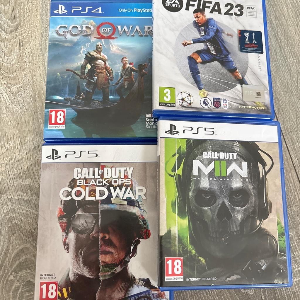 Call of duty black ops ps5
FIFA 23 - ps5
Call of duty modern warfare 2 - ps5
God of war - ps4

Sold as bundle or separately for £15