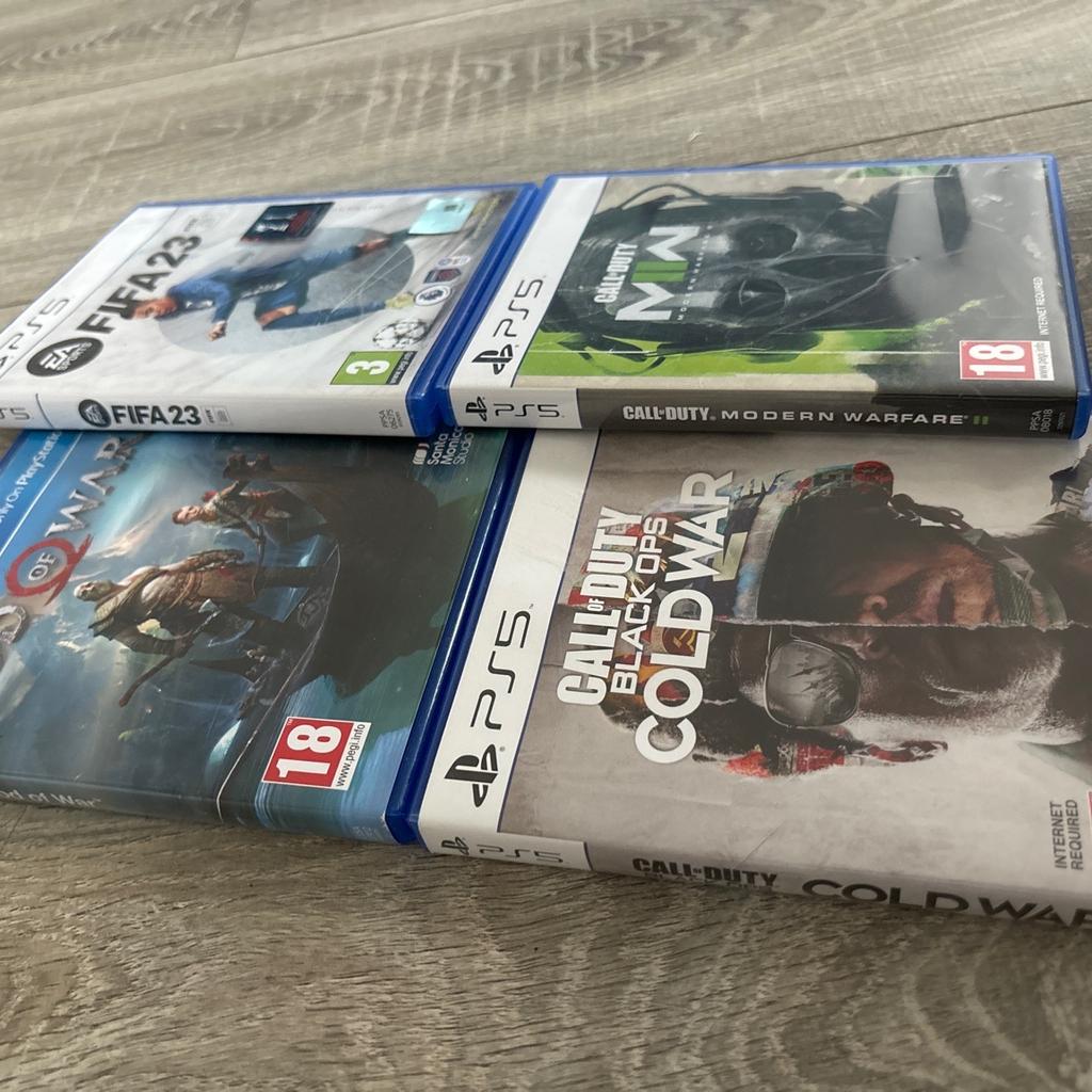 Call of duty black ops ps5
FIFA 23 - ps5
Call of duty modern warfare 2 - ps5
God of war - ps4

Sold as bundle or separately for £15
