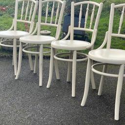 4 X  “FISCHEL”Bentwood Chairs
This is a lovely set of 4 bentwood chairs made by FISCHEL, each chair has the makers name underneath the seat. 
In good antique condition 
Painted shabby chic chippy paint 
Viewing welcome