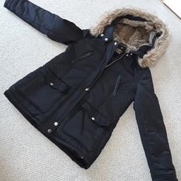 Dorothy Perkins Black Coat with detachable faux fur hood size 10 in good clean condition