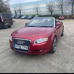 Audi A4 cabriolet 1.8T 

Full service history until 2023

1 year MOT

New timing belt and breathing pipe fitted on 4/10/2023

3 brand new tyres fitted 29/09/2023

Multitronic 2dr, petrol 1.8 (1781cc), MOT 02-10-2024, Mileage 94K, service book and manual. 
Sit conditioning working, E/ windows, E/Mirrors, central locking, Radio/ CD player/ Aux, Alloy wheels, very good condition in & out, very good engine + gearbox + clutch+ brakes + interior and tyres. Any inspection welcome. Red