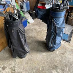 2 sets of golf clubs and bags dark blue and black bags
Dark blue bag and clubs bought from new, black bag clubs made up separately. Trolley with it
They never liked golf! Stored  in garage for years
Black bag and clubs 25
Dark blue bag and clubs £45
Cash and collection only L12