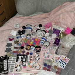 lots of opi shellacs, blue sky. tons of acrylics like nsi, naio, tons of glitters and nail decorations. stamping sets. foils you name it it's there. nail drill lamp ect. paid just on £1500 for it all. nail trolley too. lots more not in the pics well worth a look