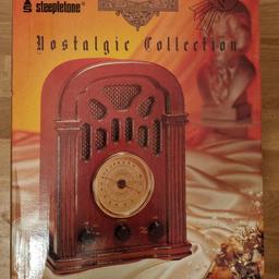 steepletone nostalgia collection retro radio model number nr 1071c. New and unused condition. Hand made wooden cabinet, nw / fm Stations. Built in cassette deck with fast forward. illuminated dial scale, automatic frequency control, 240 voltage mains .