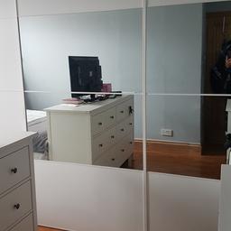 2 sliding mirrored Large wardrobe pax doors, no longer needed, comes with door wheels doors only, measurements are
Height 230 cm
Width 100 cm
collection only due to size