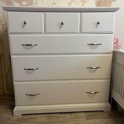 1 double wardrobe with 2 spacious drawers. 1 large, wide 6 drawer chest and 1 large, tall chest with 3small, 3large drawers. Minimal signs of wear but barely visible.