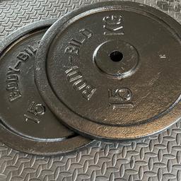 2 x 15 kilo cast iron “ BODY BILD brand” metal weights, used but in good condition.
Black colour, standard 25mm diameter holes.
I have other weight training equipment for sale such as straight bars, EZCURL bars, dumbbells, tricep barbells and other plates, various sizes, some items listed.