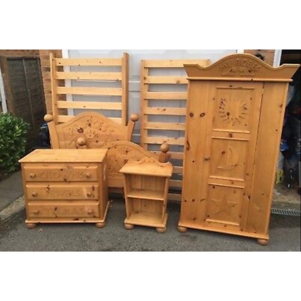 Beautiful solid wood furniture including bed wardrobe chest of drawers bedside cabinet