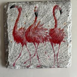 Lovely single coaster in slate/stone effect featuring three pink flamingos in very good condition. Postage available to any location from trusted seller - selling successfully online since 2011. Please e-mail any queries. All questions answered and offers considered.
