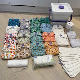 From a pet free and smoke free home. Everything is Bambino Mio and consists of:

18 one size fits all Miosolo all-in-one nappies
9 washable nappy boosters
One unopened roll of 160 disposable liners and one open pack.
Laundry bucket and two wash bag inserts for bucket
Miofresh nappy cleanser

Collection from NW3 or can post at buyer’s expense

Open to offers.