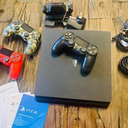 Playstation 4 Slim black console with 1TB storage
Has been used but we had one of our gaming friends wipe all our sons history off it so like new for a new owner.

Comes with 3x wireless controllers black (original) red (newest one we bought) camouflage which has been used the most out of the three. So the label on rear has worn.
Charging dock which has one working side to charge a controller.
Console mains lead, hdmi cable.
Original booklets

Console has been used and has faint mark on the top seen in pic but fully working for new owner

Cash on collection from Briz valley in burton on Trent