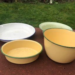 Vintage enamel bowls. Green and cream deep bowl, oval pie dish and shallow bowl this has a fair bit of wear . White and blue large bowl. All good traditional pieces .