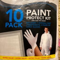 This pack contains overall, one size fits most, 3 dust sheets and 3 sets of gloves. Few available. No offers please. Great for painting inside or out.