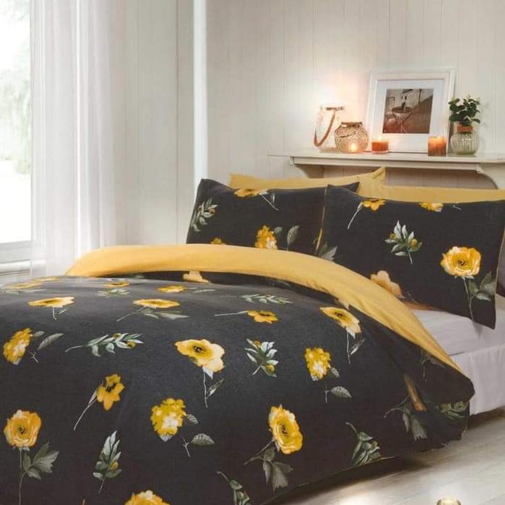 How beautiful is this
 bedding design.

Available in super king only

DARCY PRIMROSE

Need a pop of colour in your bedroom? This colourful range features a beautiful array of watercolour painted flowers over a linen textured dark grey background.
A co-ordinating bold colour reverse to complement the design.
Available in Primrose or Red
Popper fastening. Includes 2 pillowcases.
52% polyester / 48% cotton.
Machine washable.

Limited availability