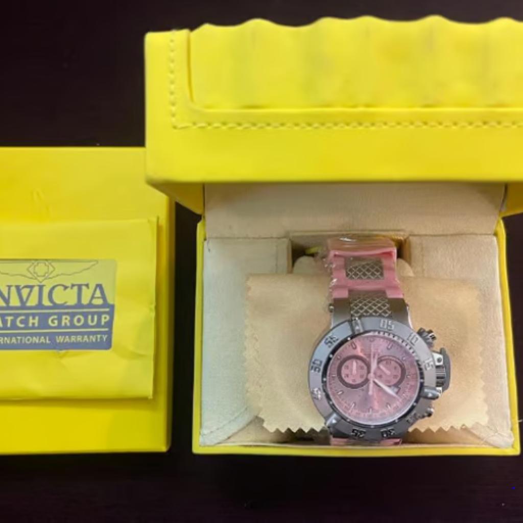 Beautiful Invicta Subaqua Noma III with original box and papers.
ORIGINALLY £595

Case:
Case Size: 50mm
Case Material: Stainless Steel
Bezel Material: Stainless Steel
Bezel Color: Steel
Crown Type: Screw Down
Crystal Type: Flame Fusion
Dial Material: Metal

Band:
Material: Stainless Steel, Silicone
Tone: Steel, Pink
Length: 200mm
Size: 29mm

Movement: Swiss Quartz