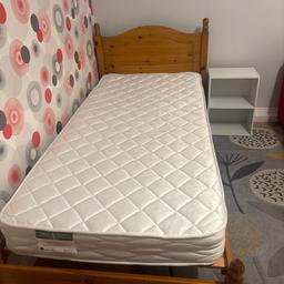 Single pine bed with mattress and a bedside cabinet

Bed has a few marks, mattress is great condition , bedside table is white

Collection only from b74

From pet and smoke free home
