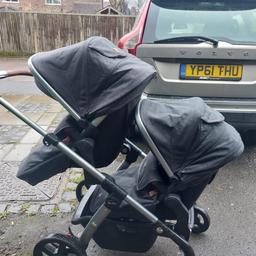 Selling silver cross wave, It is fully functional with a carry cot from newborn - 6 months , there are 2 tandem seats for an older baby / toddler, you can use this in a variety of ways such as having both seats on facing forward or backwards, or one carry cot and one seat, also comes with the carry cot adapters so the carry cot can be used on the top of the pram! I do have simplicity car seat adapters which I used but unfortunately no longer have the simplicity seat, also I have the raincovers, although I need to double check them as I know one of the tandem seat covers had a hole in the side , and not sure if the carry cot rain cover is there, but there is definitely at least one functional tandem seat rain cover and a bug net, I have all the footmuffs, the leather handles have general wear and tear as can be seen in pictures but you can purchase same color leather covers for the handlebars, please note there isn’t a seat liner in one of the tandem seats, no time wasters please