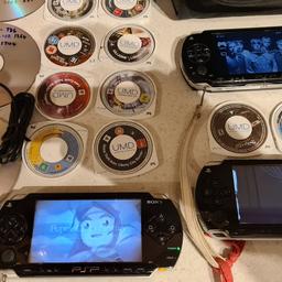 Please see all photos for information, condition etc. There are 3 psp's in this bundle. One with a broken screen but it does power up. One that power's up but won't load umd's etc. The third one loads all but two of the umd's( again, see photos). This was my sons psp bundle so I have limited knowledge about it. I know the batteries are good. I know you need a pc or laptop with a cd drive( obviously). And I know you need the game/ umd Populous( which is included). There are far too many game and movie files and umd's to list so I have uploaded loads of photos. There's the original Sony charger included as well as a gb and a 2gb psp memory card included as well as the carry case as pictured. 
I can offer try before you buy option but if viewing on an auction site, if you bid and win it's yours. I can offer free local delivery within five miles of my postcode. Postage will be £5.95 if required. Please note due to my lack of knowledge, I am selling as spares or repairs so take note of all