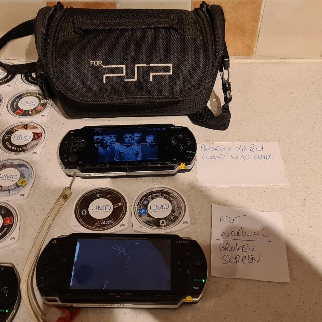 Please see all photos for information, condition etc. There are 3 psp's in this bundle. One with a broken screen but it does power up. One that power's up but won't load umd's etc. The third one loads all but two of the umd's( again, see photos). This was my sons psp bundle so I have limited knowledge about it. I know the batteries are good. I know you need a pc or laptop with a cd drive( obviously). And I know you need the game/ umd Populous( which is included). There are far too many game and movie files and umd's to list so I have uploaded loads of photos. There's the original Sony charger included as well as a gb and a 2gb psp memory card included as well as the carry case as pictured.
I can offer try before you buy option but if viewing on an auction site, if you bid and win it's yours. I can offer free local delivery within five miles of my postcode. Postage will be £5.95 if required. Please note due to my lack of knowledge, I am selling as spares or repairs so take note of all