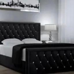 Black crushed velvet bed frame No mattress bed has been dismantled so first picture is a similar bed to show what it looks like other pictures are actual bed the headboard  is 44inch in height. it is great condition no rips