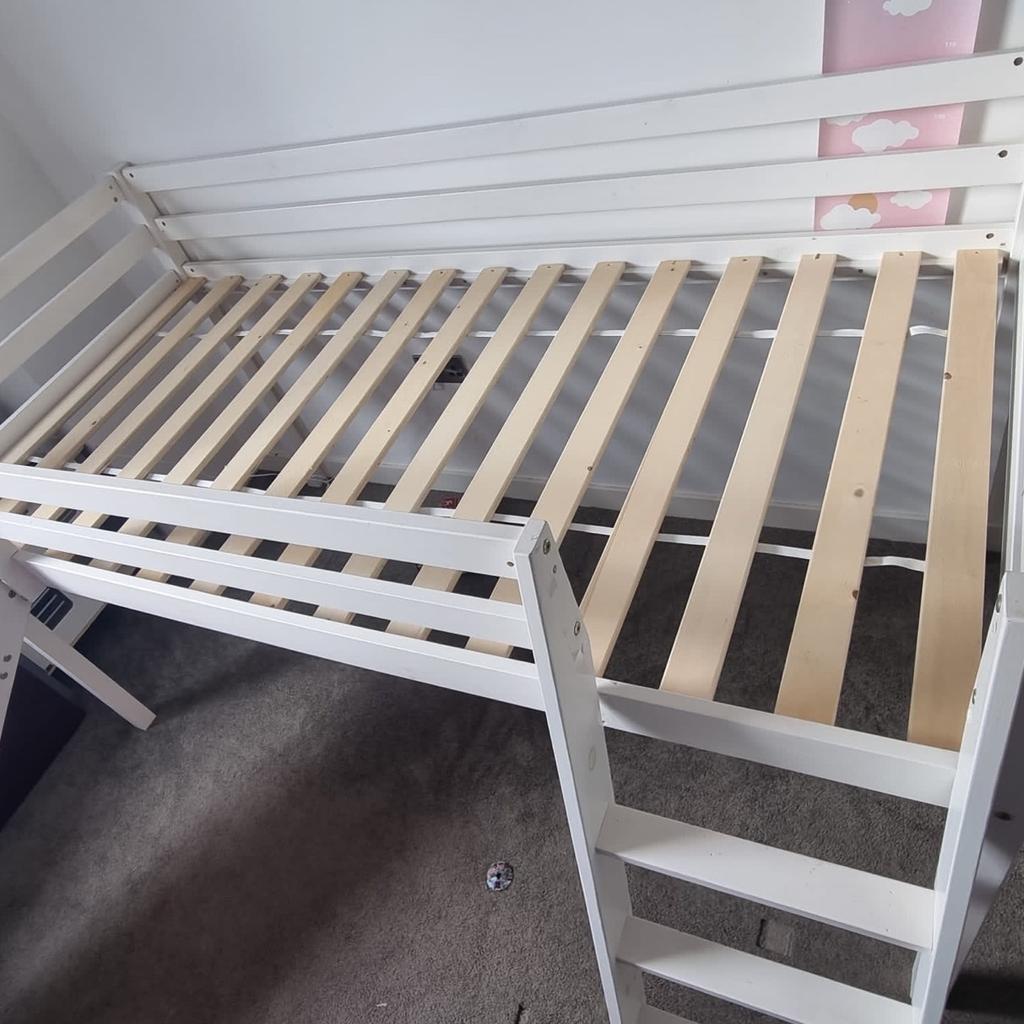 - High quality kid's wooden bed frame with ladder and slide in white.
- In good condition, with all parts and fixings present.
- Takes a standard UK single mattress (190x90cm, not included in sale).
- Slide and ladder can be at either end of bed to suit position in room.
- Partially dismantled for transportation. Reassembly instructions can be found on the product page on the Noa & Nani website.
- Please note, listing is for the frame/ladder/slide only. None of the soft furnishings in photos are for sale.

FROM THE NOA & NANI WEBSITE:
"The Midsleeper Cabin Bed Frame with Slide is made from solid pine wood, ensuring it's strong enough for your child's play while the mid sleeper level promotes a great night's sleep! Children adore sliding out of bed in a morning ready to start a brand new day, while parents love having the ability to tidy everything away!"

Dimensions:
Overall: Length 202cm x Width 101cm x Height 114cm
Ladder Extends: Approximately 33cm
Slide Extends: Approximately 145cm