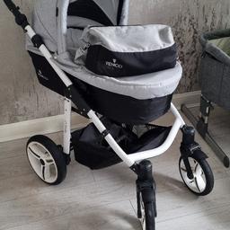 3 in 1 pram. (car seat/moses/pram)

Been used so has a few scuffs and marks but in good working condition.

Comes with bag with cup holder, rain cover, rear wheel covers etc.

Happy to answer any questions