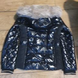 Girls river island wet look black padded coat fur hood cuffed sleeved great condition size Age 9/10 collection only