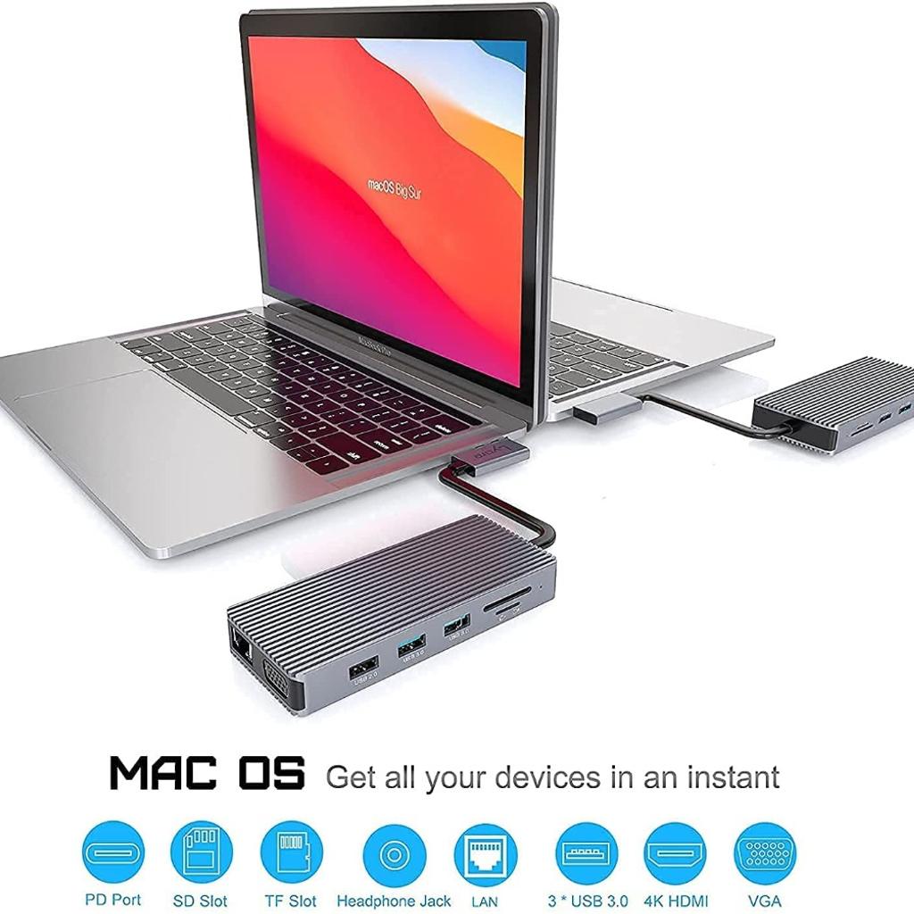 USB C Dockingstation, 12 in 2 MacBook Pro Dockingstation, 2*USB 3.0, 2*USB 2.0, 2*HDMI 4K, SD/TF Kartenanschlüsse, 1*USB C, VGA 1080P, Ethernet, Audio/Mic Port, MacBook Air Hub, Thunderbolt Dock