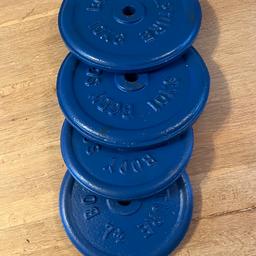 2 x 10 kilo, 2 x 7.5 kilo, cast iron brand “ BODY-SCULPTURE ” metal weights, used but in good condition. Blue colour, metal (iron).
They are standard 25mm diameter holes.
I have other weight training equipment for sale such as straight bars, EZCURL bars, dumbbells, tricep barbells and other plates, various sizes, some items listed.