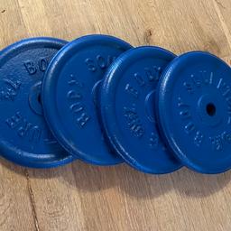 4 x 7.5 kilo, cast iron brand “ BODY-SCULPTURE ” metal weights, used but in good condition. Blue colour, metal (iron).
They are standard 25mm diameter holes.
I have other weight training equipment for sale such as straight bars, EZCURL bars, dumbbells, tricep barbells and other plates, various sizes, some items listed.