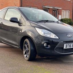 2016 FORD KA ZETEC BLACK EDITION. STOP START.1.2 PETROL , 3 DOOR , 5 SPEED MANUAL GEARBOX. 1 FORMER KEEPER, MOT JUNE 2024 . X2 KEYS.£35 A YEAR ROAD TAX.INSURANCE GROUP 3.ONLY 19,000 MILES FROM NEW X4 NEW TYRES AND ALL ALLOY WHEELS ARE IN GOOD CONDITION - NEW BATTERY. The car really does look the part , the paintwork is clean and shiny and the body work is in fantastic condition for the age with very minor age related marks. This would make a great first time car due to cheap running costs , low insurance and cheap tax.Being the BLACK EDITION it has a very high spec with lots of optional extras such as , 16 INCH ALLOY WHEELS.FRONT & REAR HEATED SCREENS.AIR CON.USB OUTPUT.STEERING CONTROLS.ACTIVE VOICE CONTROL. ASR.FUEL ECONOMY.URBAN 49.7 MPG.EXTRA URBAN 65.2 58.6 MPG. Great first car for new drivers.