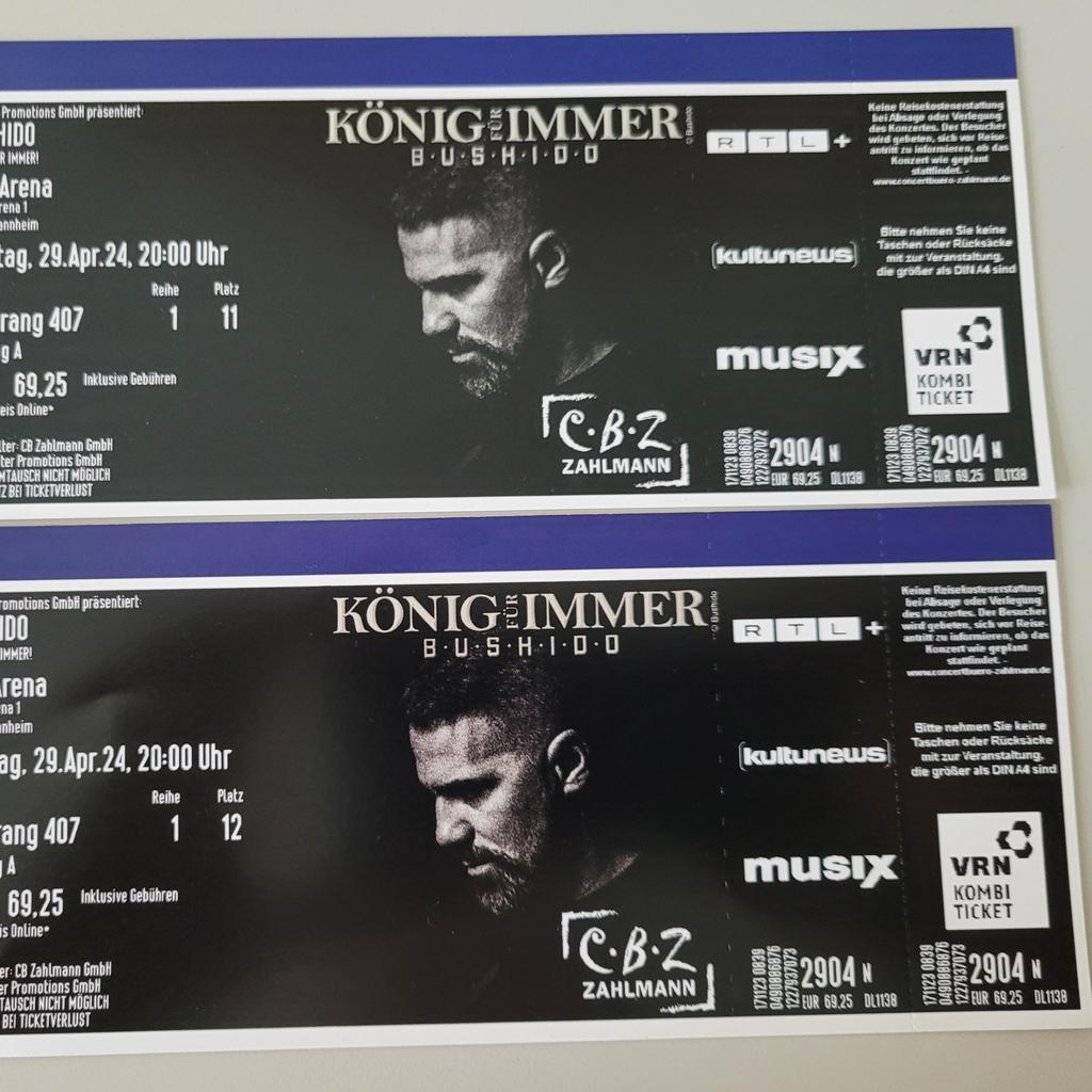 2 Tickets Bushido Mannheim, 29.04.2024 in 68167 Mannheim für € 125,00